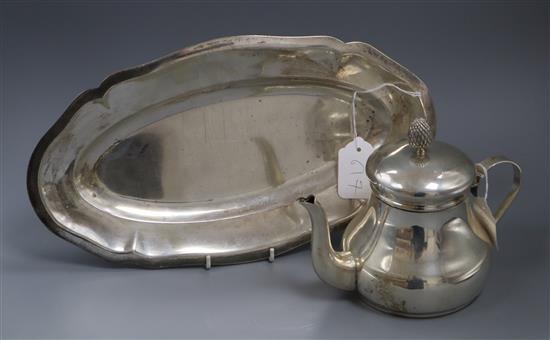 An Italian 800 standard silver teapot with pine cone finial and a similar oval tray with shaped edge, 34 oz.